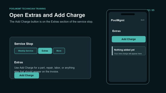 PoolMgmt technician workflow: open extras and add a charge