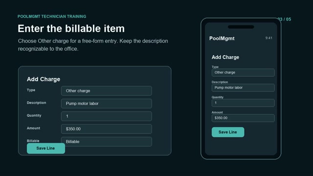 PoolMgmt technician workflow: enter the billable item